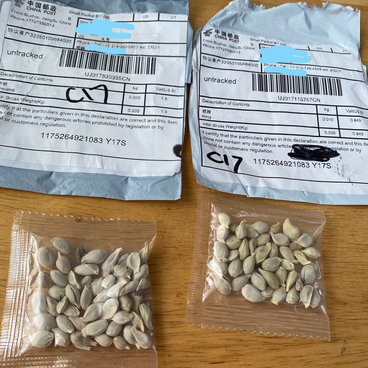 esempi di pacchetti di semi ricevuti da cittadini americani, senza averli ordinati