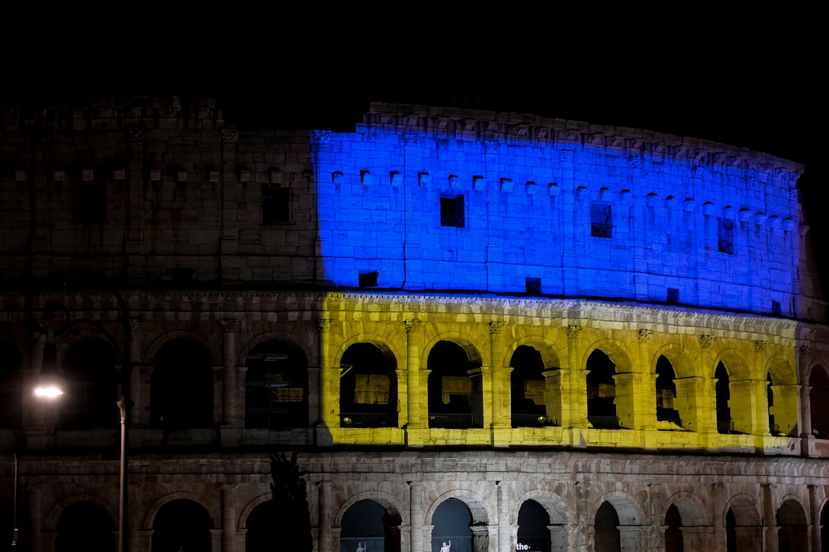Colosseum lit up with colors of Ukrainian flag