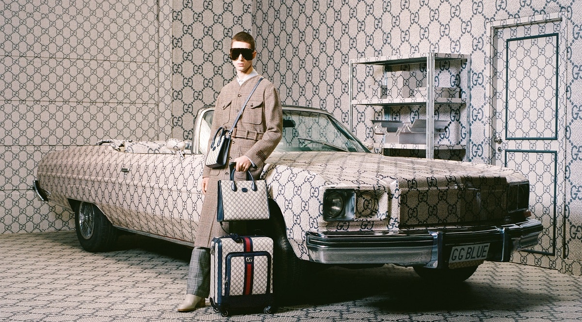 A shot from the Gucci GG canvas in blu campaign (courtesy Gucci/Max Siedentopf)