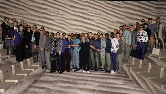 Armani at the end of the show s-s 23 (courtesy Armani/Sgp)