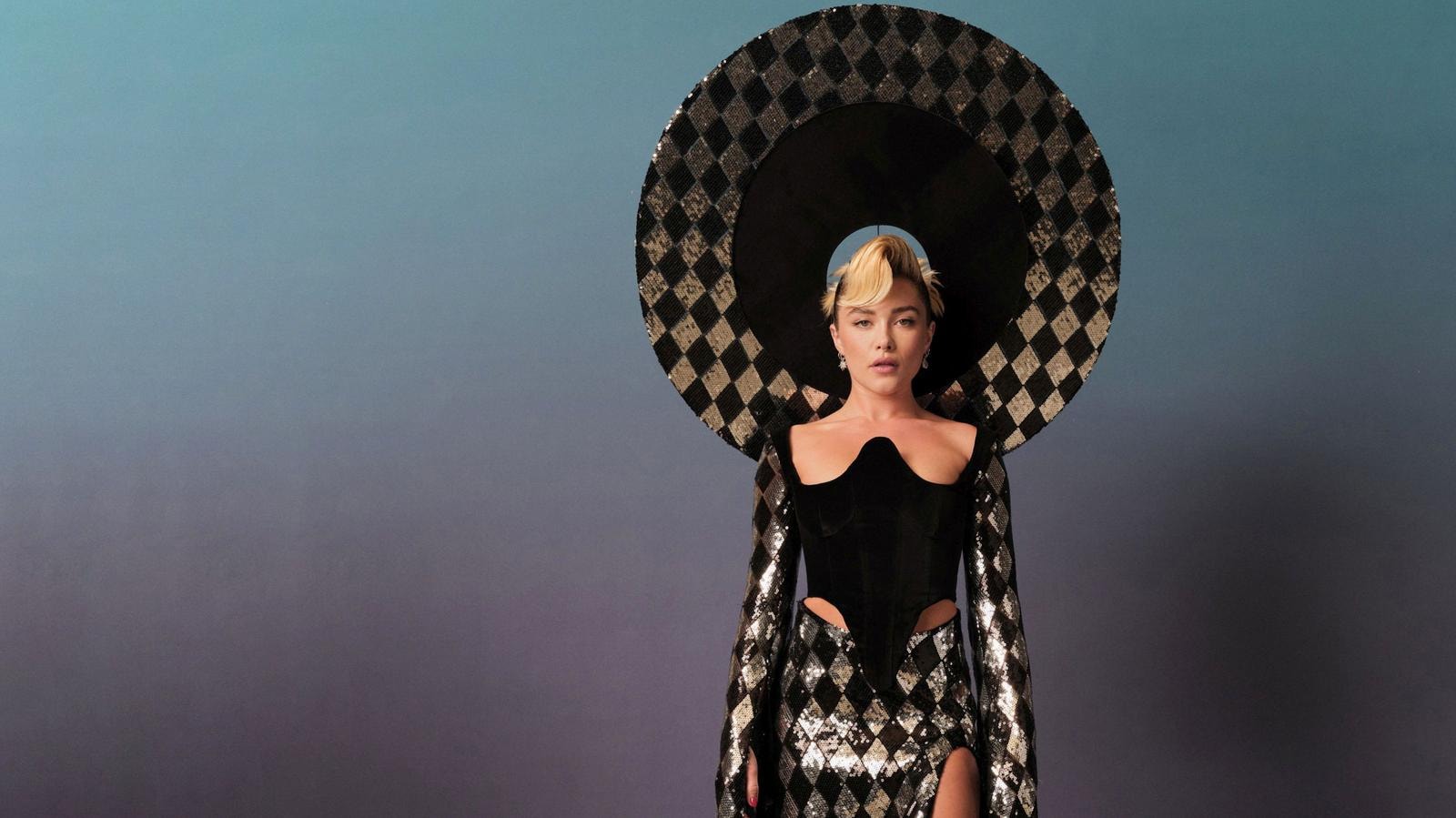 Florence Pugh in a Harris Reed Autumn-Winter 2023/24 dress (ph Marc Hibbert, courtesy Harris Reed)