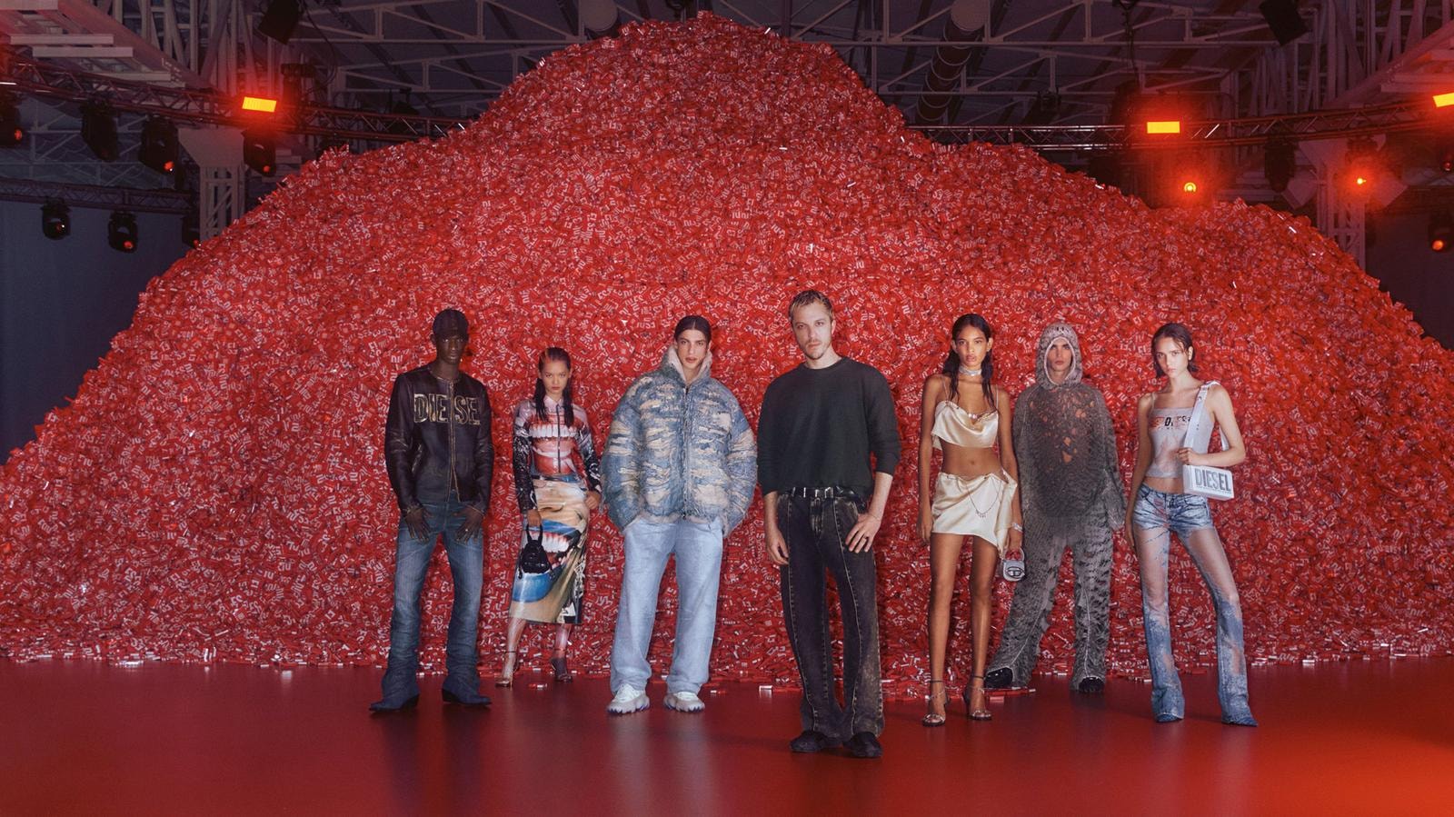Center, Glenn Martens among the models dressed Diesel fall-winter 2023/24 (ph Francesco Nazardo)