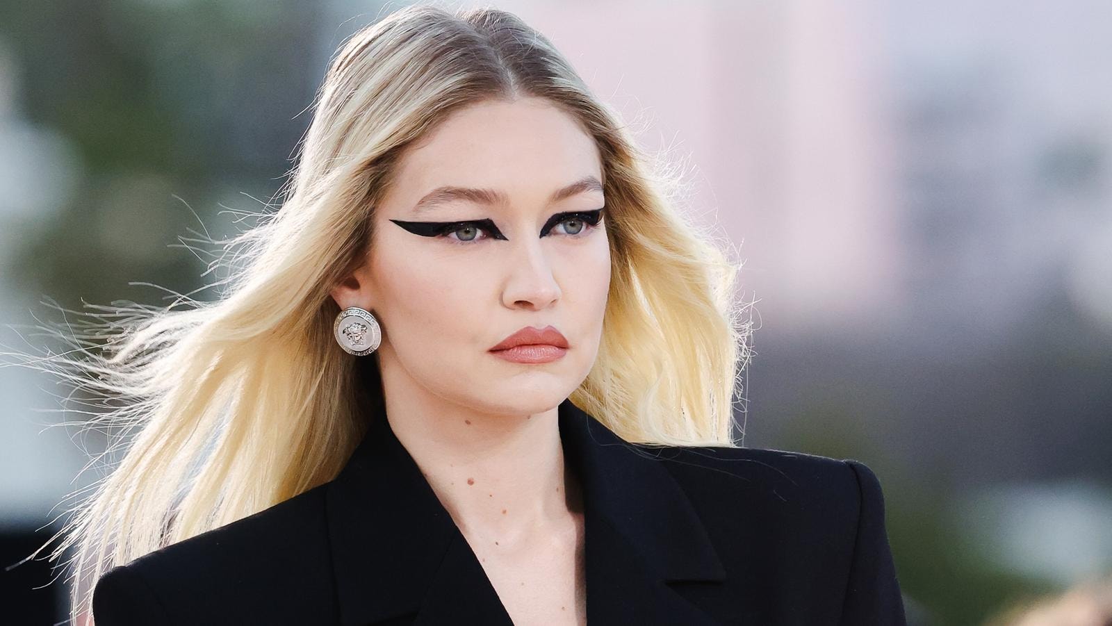 Gigi Hadid during the Versace fall-winter 2023 show (courtesy Versace)