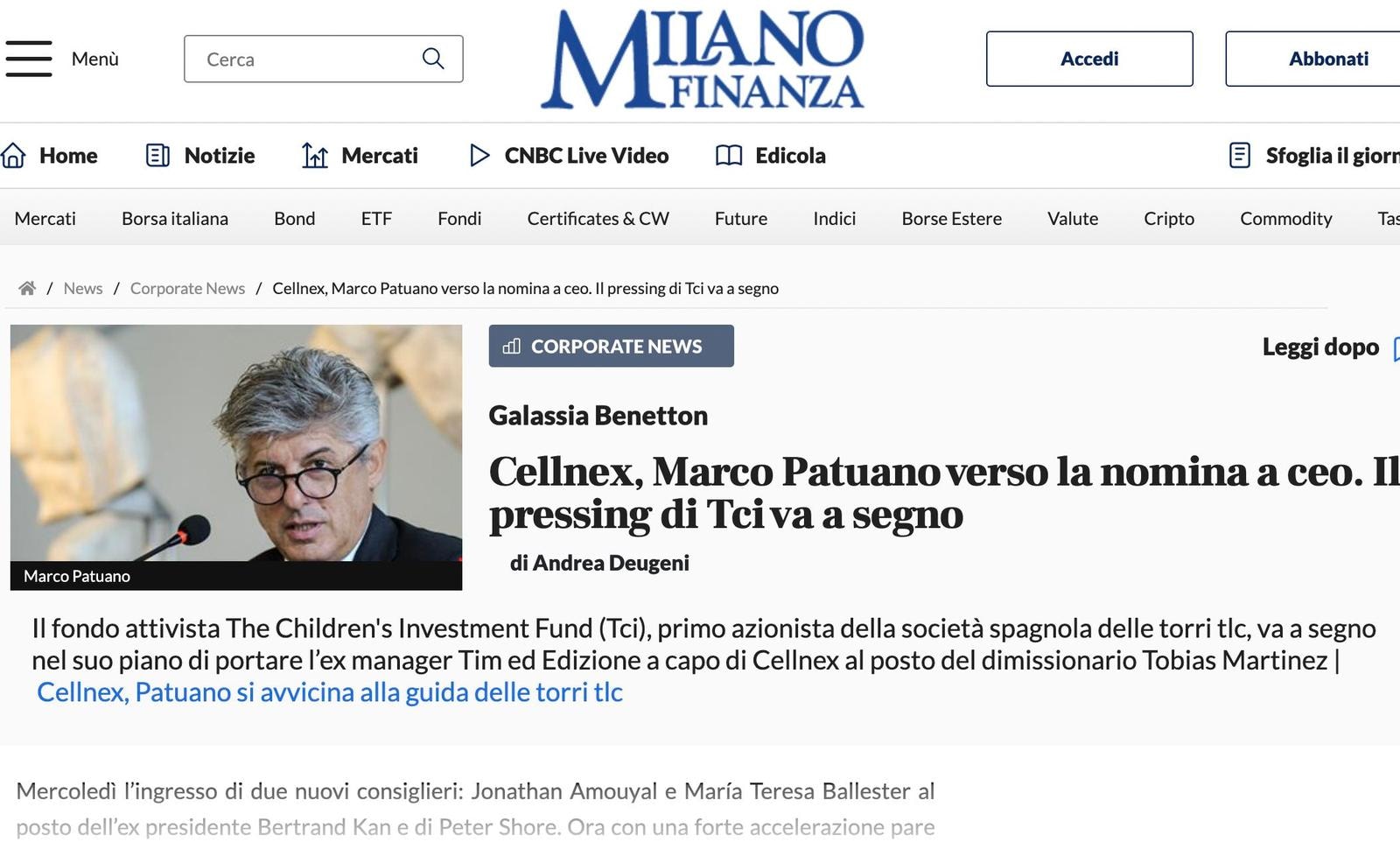 Confermato MF: Patuano diventa ceo di Cellnex  