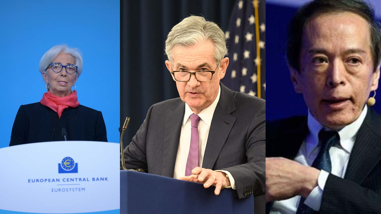 da sinistra Christine Lagarde, Jerome Powell e Kenzo Ueda