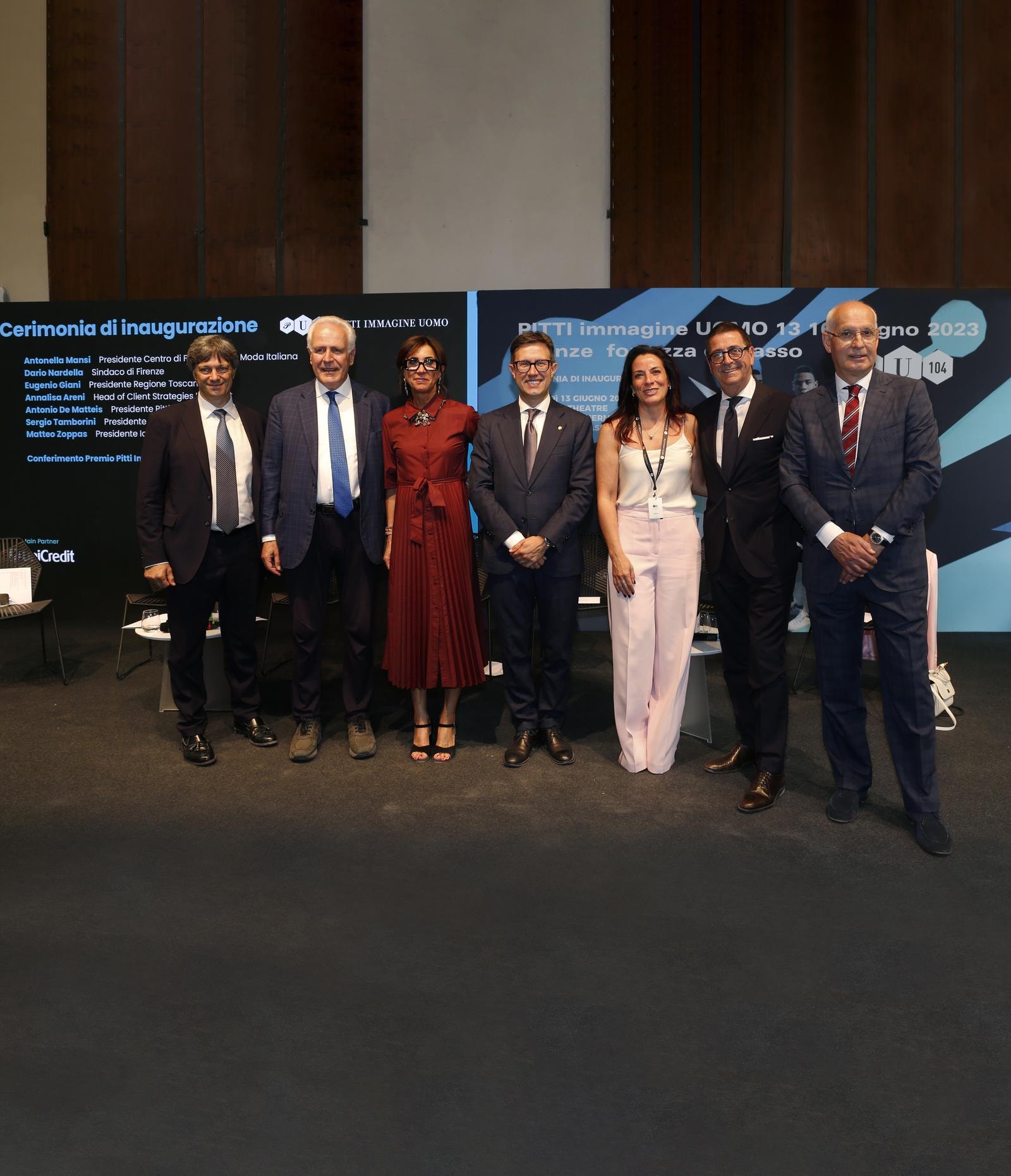 From the left, Matteo Zoppas, Eugenio Giani, Annalisa Areni, Dario Nardella, Antonella Mansi, Antonio De Matteis e Sergio Tamborini at Pitti conference