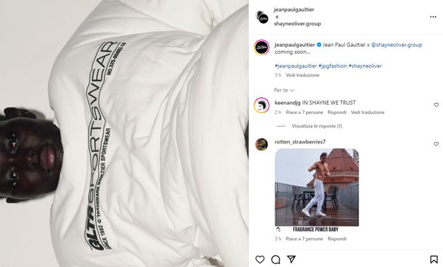 Il lancio della co-lab tra Jean Paul Gaultier e Shayne Oliver (Instagram @jeanpaulgaultier)