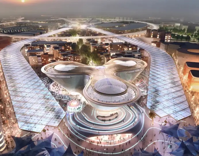Una vista dall’alto dei padiglioni di Expo Dubai.
