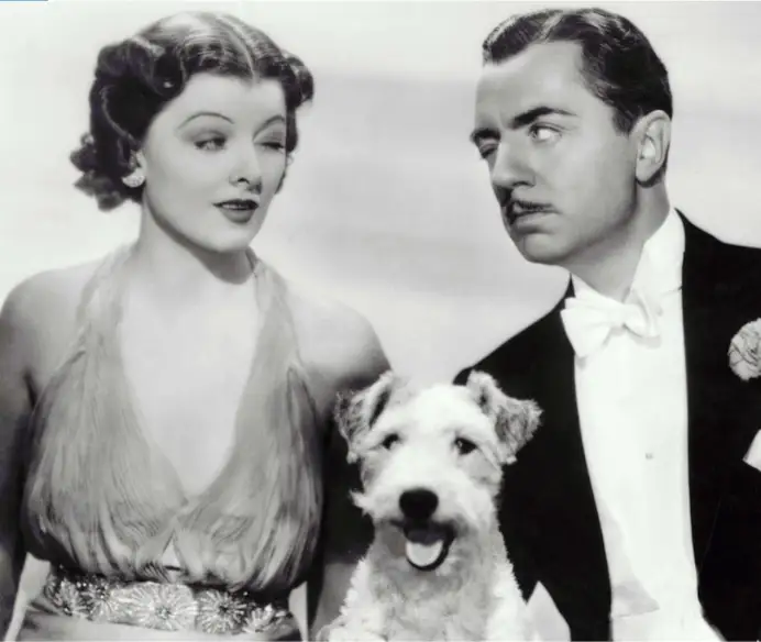 Myrna Loy e William Powell nei panni di Nick e Nora della serie L’uomo ombra negli anni 30.