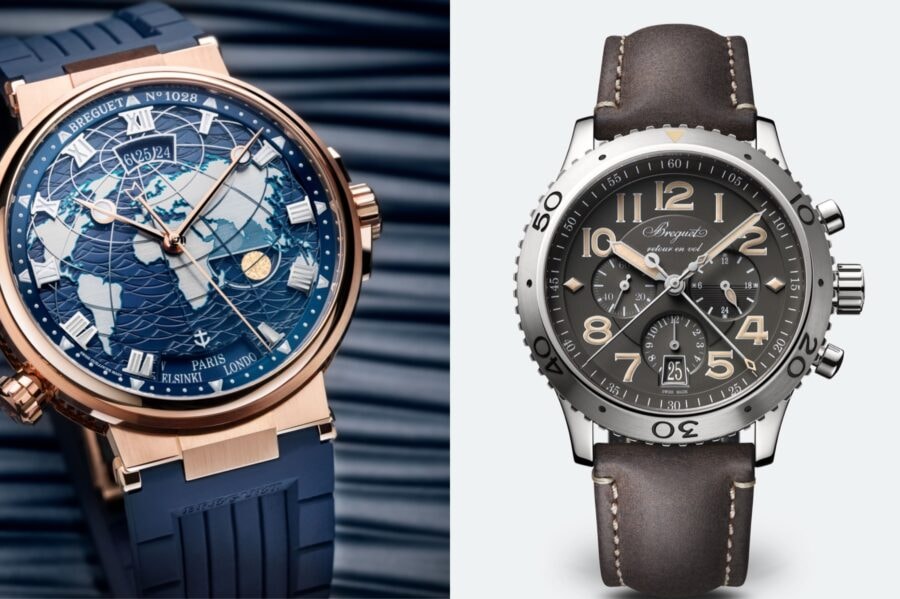 Da sinistra, Marine Hora Mundi in oro, cronografo Type XXI di Breguet.
