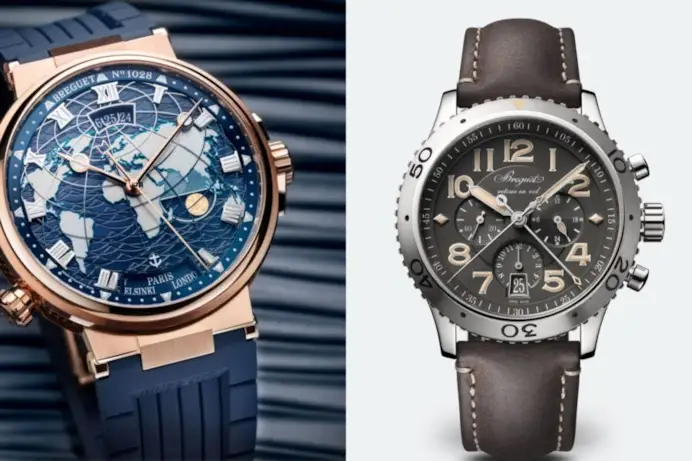 Da sinistra, Marine Hora Mundi in oro, cronografo Type XXI di Breguet.