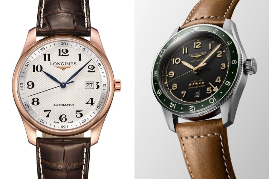 Da sinistra, Master Collection d’oro e Spirit Zulu Time d’acciaio di Longines.