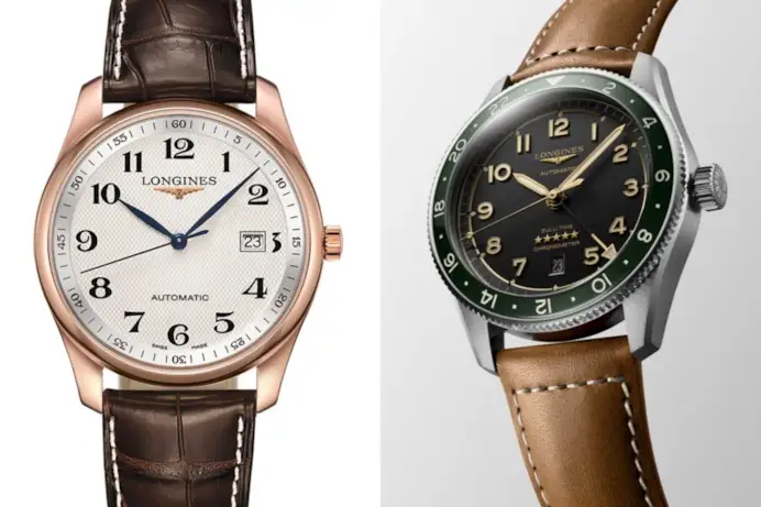 Da sinistra, Master Collection d’oro e Spirit Zulu Time d’acciaio di Longines.