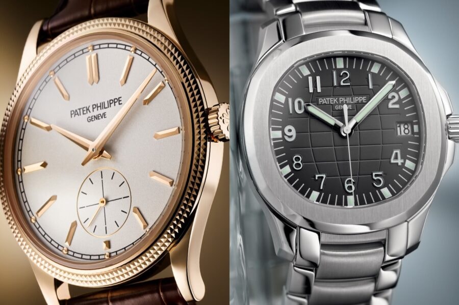 Da sinistra, Calatrava d’oro e Aquanaut d’acciaio di Patek Philippe.