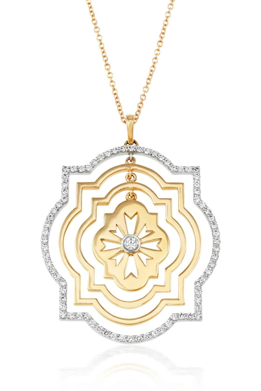 Girocollo della collezione Echo, Legami che Risuonano, in oro e diamanti, ispirati agli scudi dei paladini siciliani.