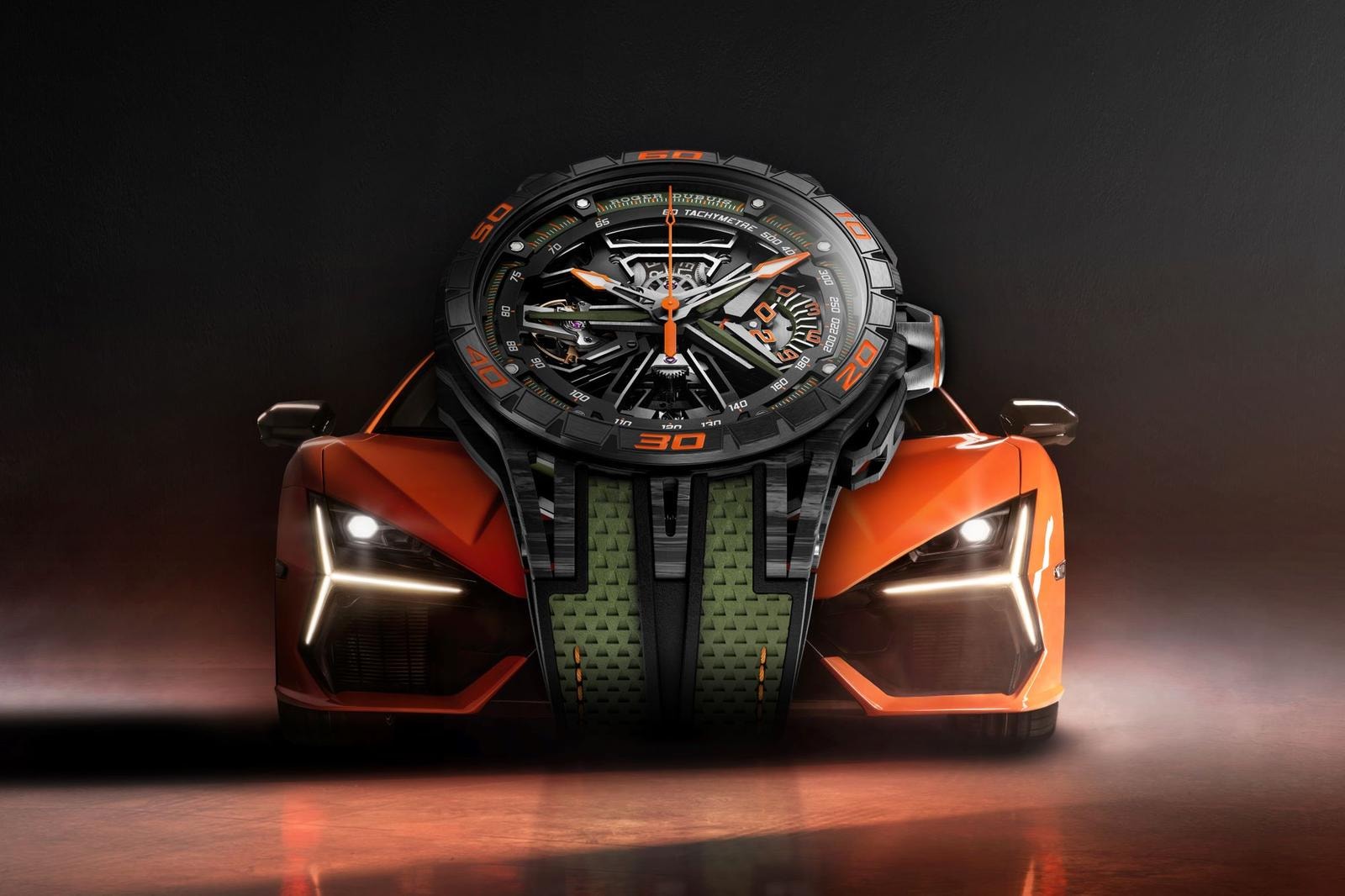 L'Excalibur Spider Revuelto Flyback di Roger Dubuis si richiama all’omonima Lamborghini.
