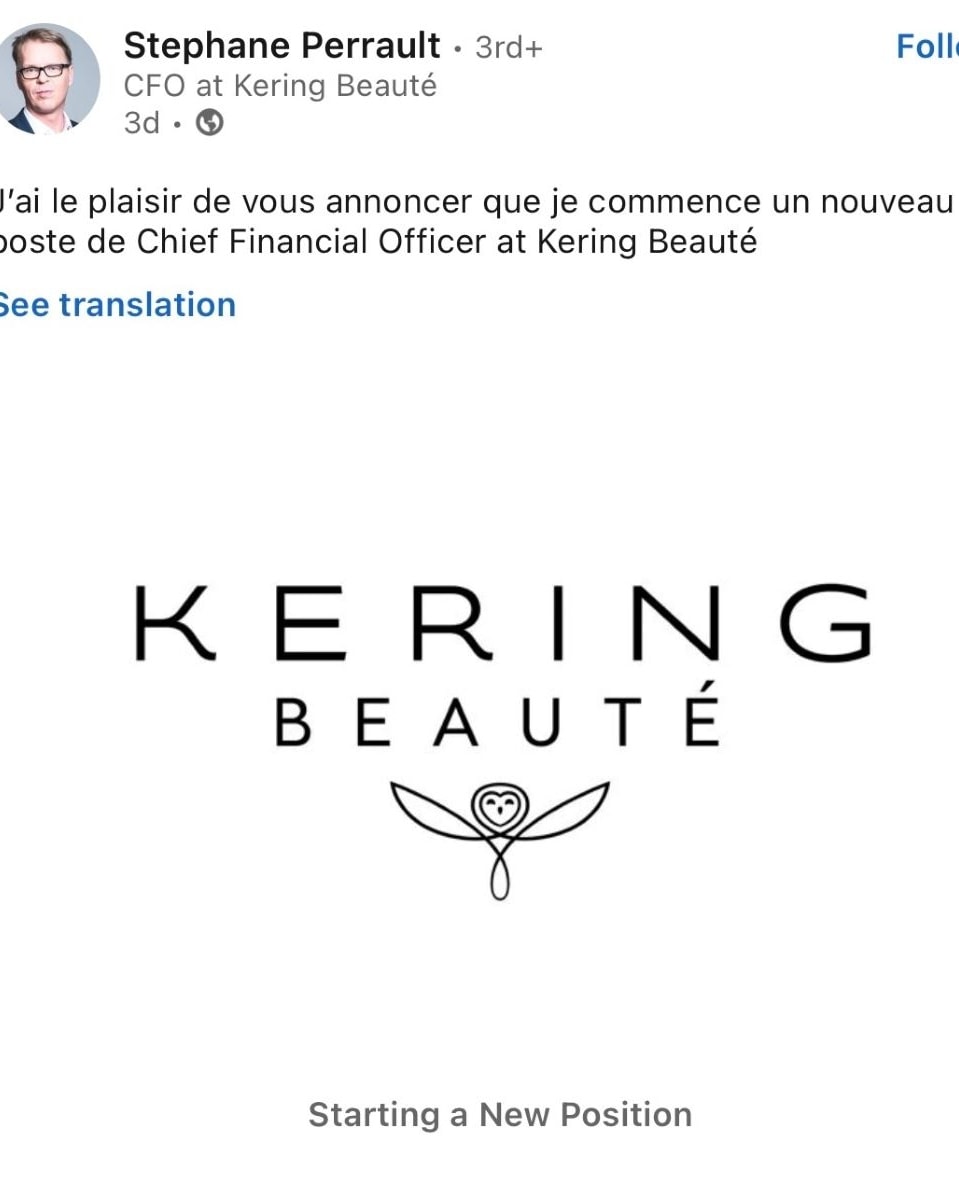Kering beaut&eacute; nomina St&eacute;phane Perrault come direttore finanziario