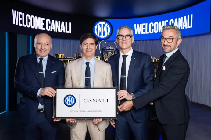 Da sinistra: Giuseppe Marotta, presidente e ceo Sport Inter; Stefano Canali. presidente e ceo Canali, Alessandro Antonello, ceo Corporate Inter, e Luca Danovaro, cro Inter.