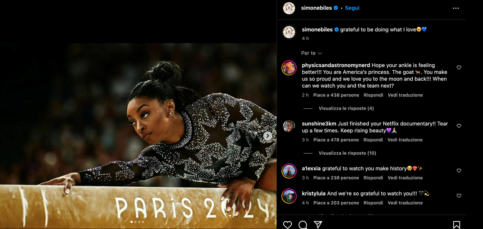 Simone Biles alle Olimpiadi di Parigi 2024 (ph Simone Biles instagram profile)
