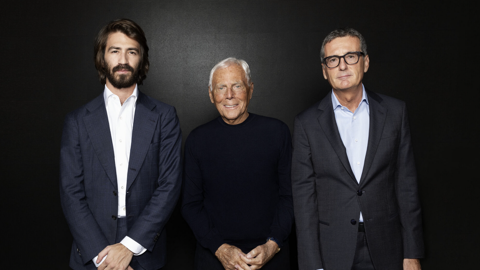 Da sinistra: Leonardo Maria Del Vecchio, Giorgio Armani e Francesco Milleri