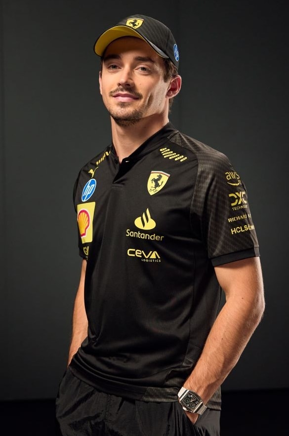 Charles Leclerc wearing the Ferrari Monza carbon fibre co-lab with Puma (courtesy Ferrari)