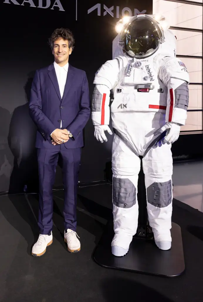 Lorenzo Bertelli and the Prada and Axiom space space suit (courtesy Prada)