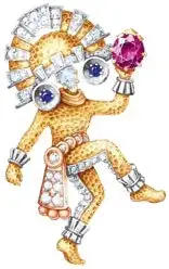 Spilla Danseur de Tikal in oro giallo, rosa e bianco, uno zaffiro rosa taglio ovale di 3,10 carati, zaffiri blu, diamanti.
