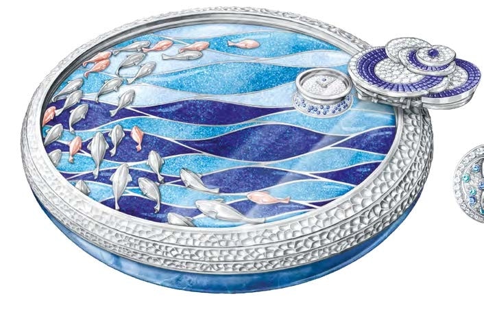 Cofanetto con spille intercambiabili Onde Mystérieuse in oro bianco, rosa, Serti Mystérieux Traditionnel zaffiri, zaffiri, diamanti, tormaline blu, quarzo blu, smalto paillonné, vetro, ebano, pelle di capra, movimento svizzero al quarzo.