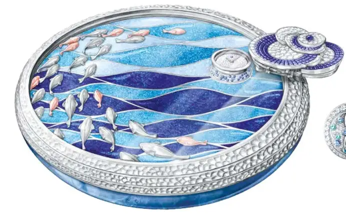 Cofanetto con spille intercambiabili Onde Mystérieuse in oro bianco, rosa, Serti Mystérieux Traditionnel zaffiri, zaffiri, diamanti, tormaline blu, quarzo blu, smalto paillonné, vetro, ebano, pelle di capra, movimento svizzero al quarzo.