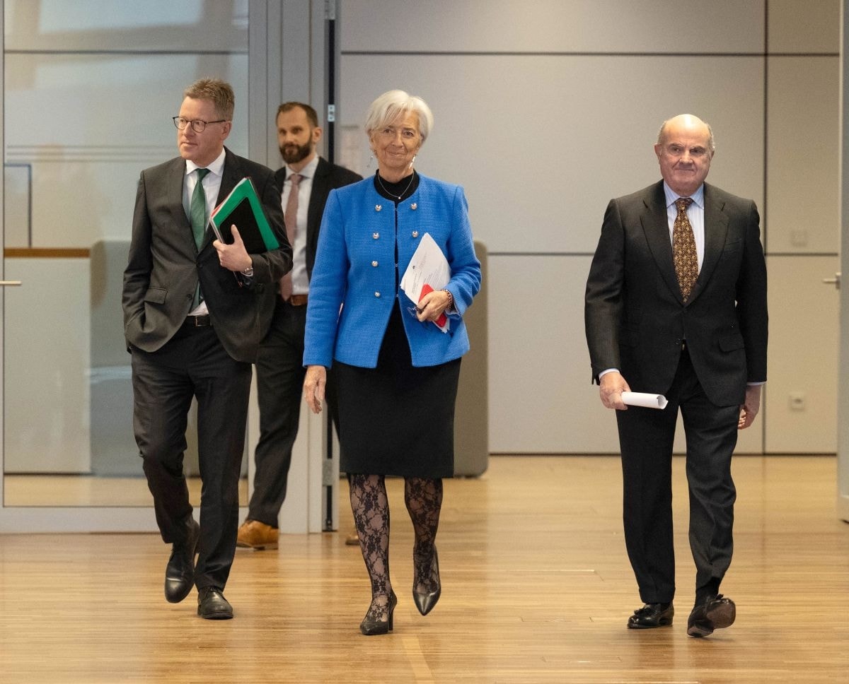 WOLFGANG PROISSL DIRETTORE COMUNICAZIONE BCE, CHRISTINE LAGARDE PRESIDENTE DELLA BANCA CENTRALE EUROPEA, LUIS DE GUINDOS JURADO VICEPRESIDENTE DELLA BANCA CENTRALE EUROPEA BCE