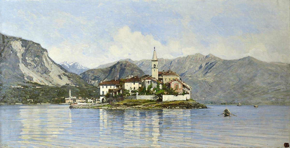 Filippo Carcano, L’isola dei Pescatori, lago Maggiore, effetto di mattina, olio su tela 101 x 200.