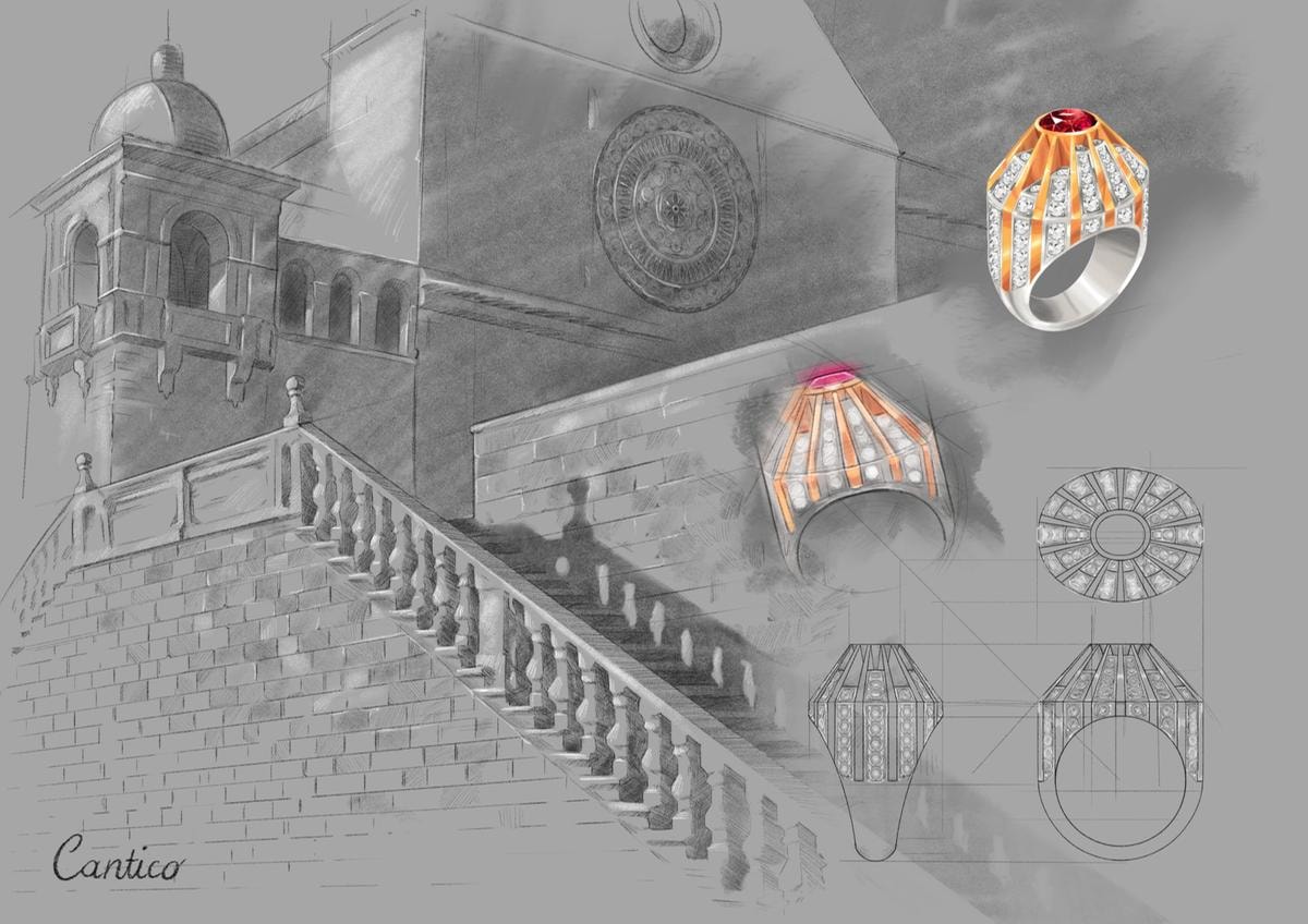 L'anello Cantico,in oro bianco e giallo con rubino e diamanti, prende vita da un particolare architettonico della basilica di S. Francesco ad Assisi.