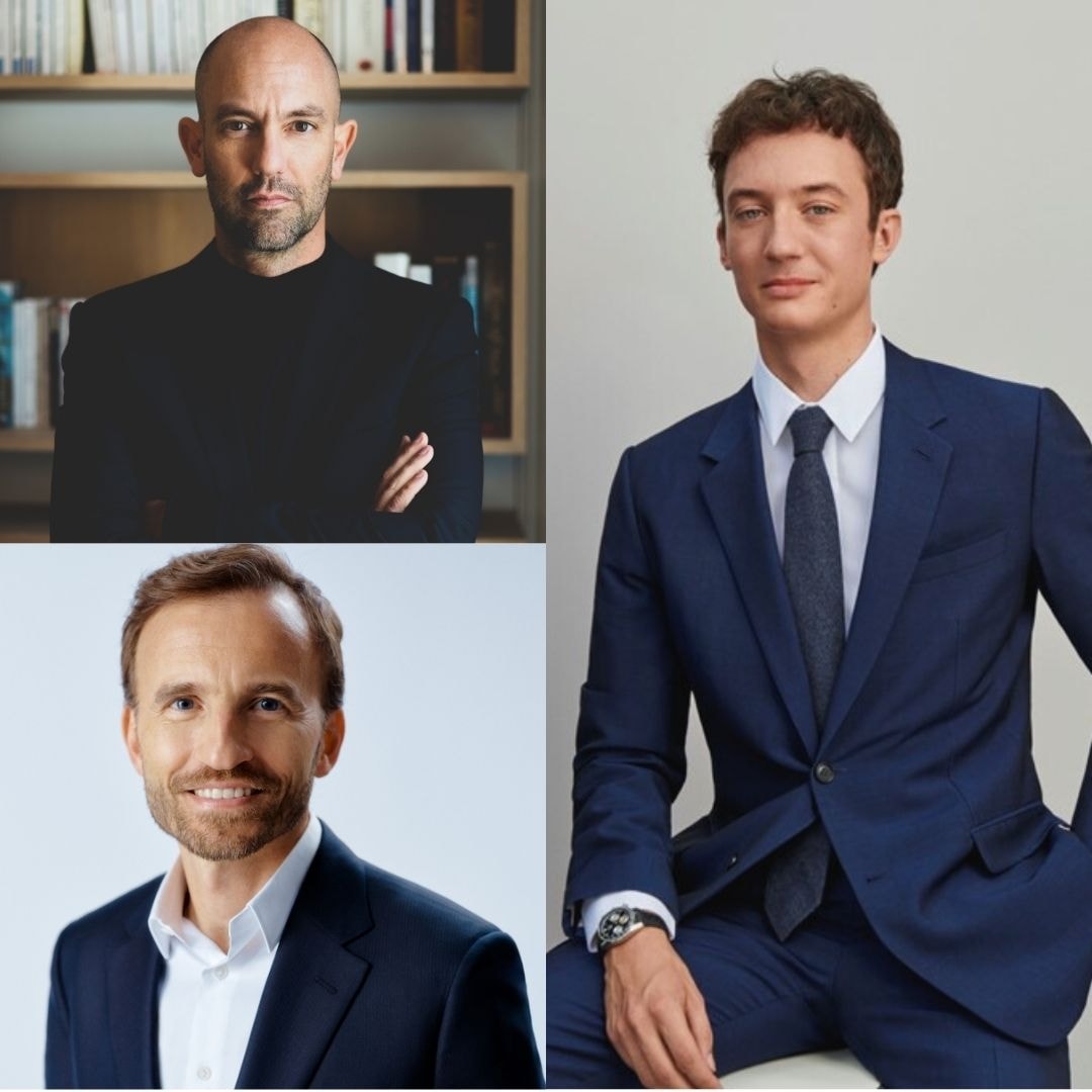 Dall'alto a sinistra, in senso orario, Damien Bertrand, Frédéric Arnault e Pierre-Emmanuel Angeloglou (courtesy Lvmh)