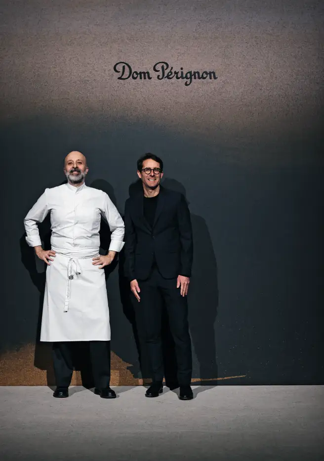 Da sinistra, Niko Romito e Vincent Chaperon, chef e chef de cave alla cena di Dom Pérignon.