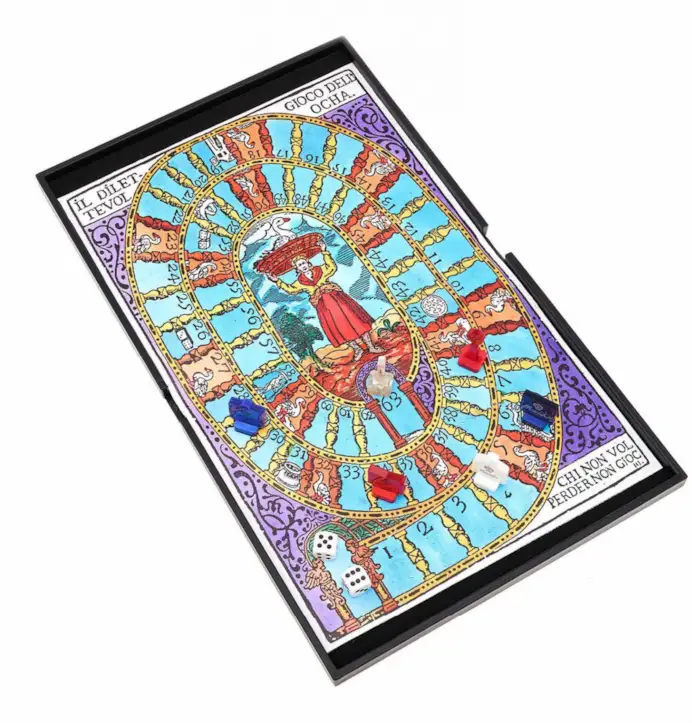 Gioco dell’Oca composto da un tabellone in pelle liscia di vitello stampato, di Pineider, 490 euro.