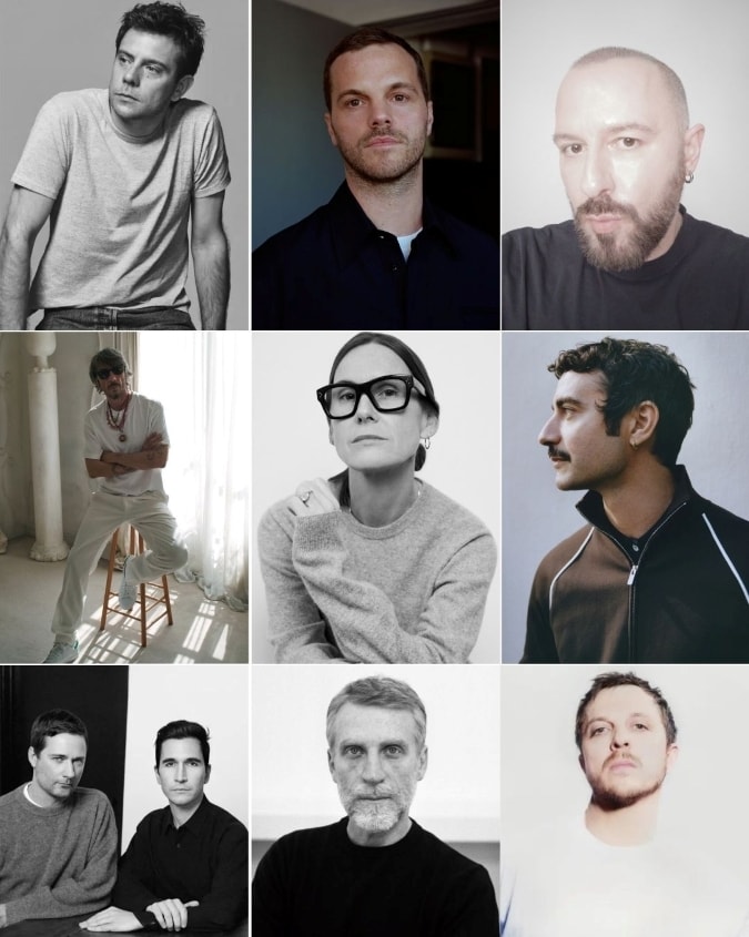 Da sinistra, in alto, Jonathan Anderson, Matthieu Blazy, Demna, Pierpaolo Piccioli, Louise Trotter, Dario Vitale, Jack McCollough e Lazaro Hernandez, Simone Bellotti, Glenn Martens, Duran Lantink, Michael Rider, Miguel Castro Freitas (ph elaborazione MFF su ritratti ufficiali)
