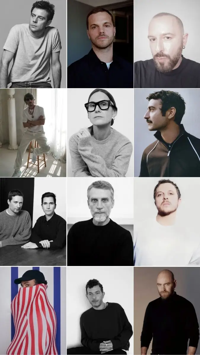 Da sinistra, in alto, Jonathan Anderson, Matthieu Blazy, Demna, Pierpaolo Piccioli, Louise Trotter, Dario Vitale, Jack McCollough e Lazaro Hernandez, Simone Bellotti, Glenn Martens, Duran Lantink, Michael Rider, Miguel Castro Freitas (ph elaborazione MFF su ritratti ufficiali)