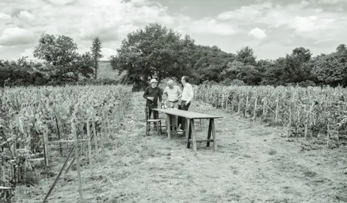 Da sinistra, Philippe Starck, Jean-Baptiste Lécaillon e Frédéric Rouzaud, presidente e direttore generale di Louis Roederer,