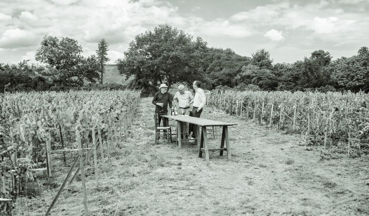 Da sinistra Philippe Starck, Frédéric Rouzaud, ad di Louis Roederer, e lo chef des caves Jean-Baptiste Lecaillon.