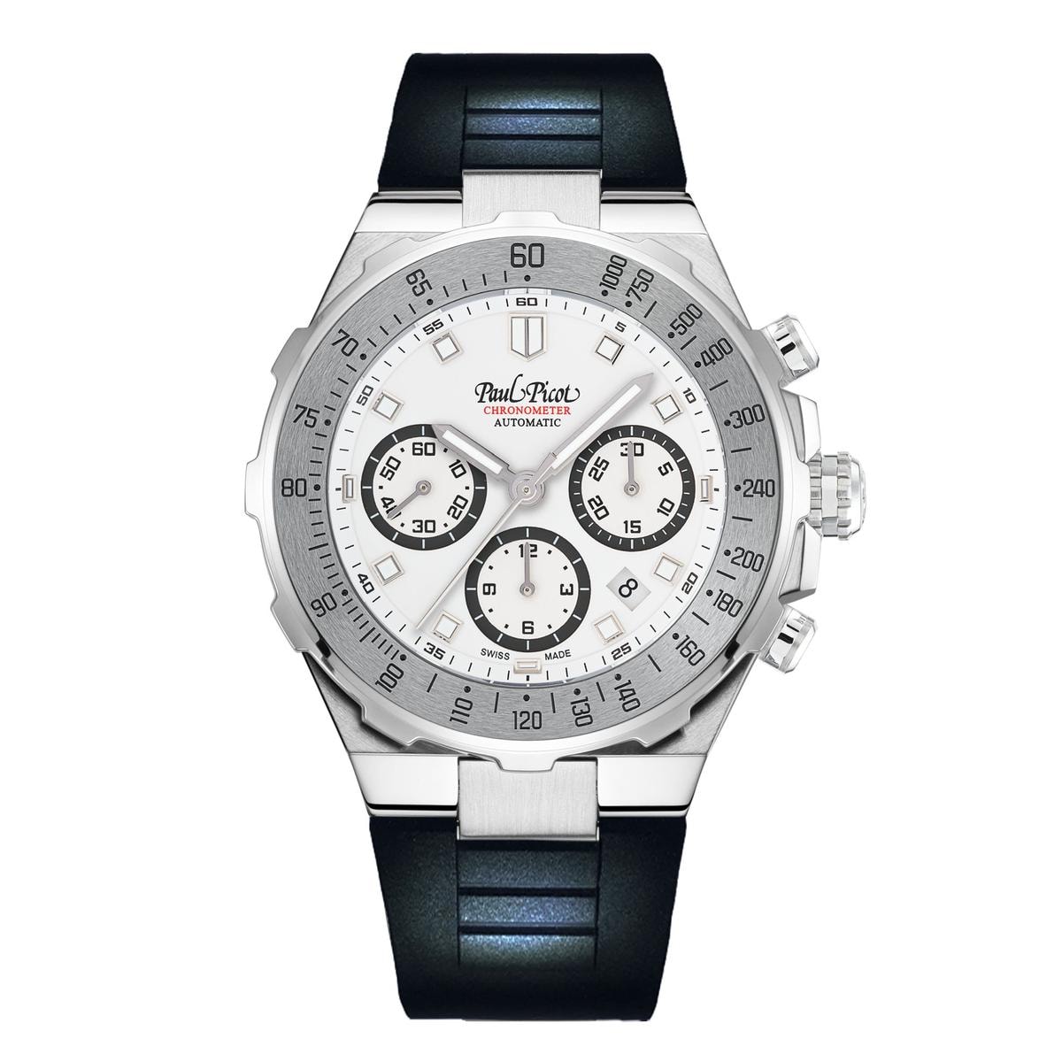Da sempre abbinato a un bracciale in metallo, lo Yachtman Club Tachymeter Paul Picot adotta un nuovo cinturino integrato in caucciù.