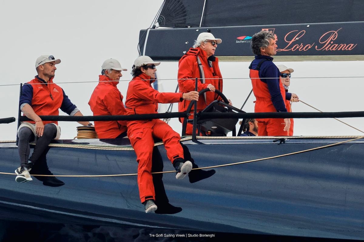 Tre Golfi Sailing Week 2025. A sinistra,  Pier Luigi Loro Piana al timone di  My Song, in regata.