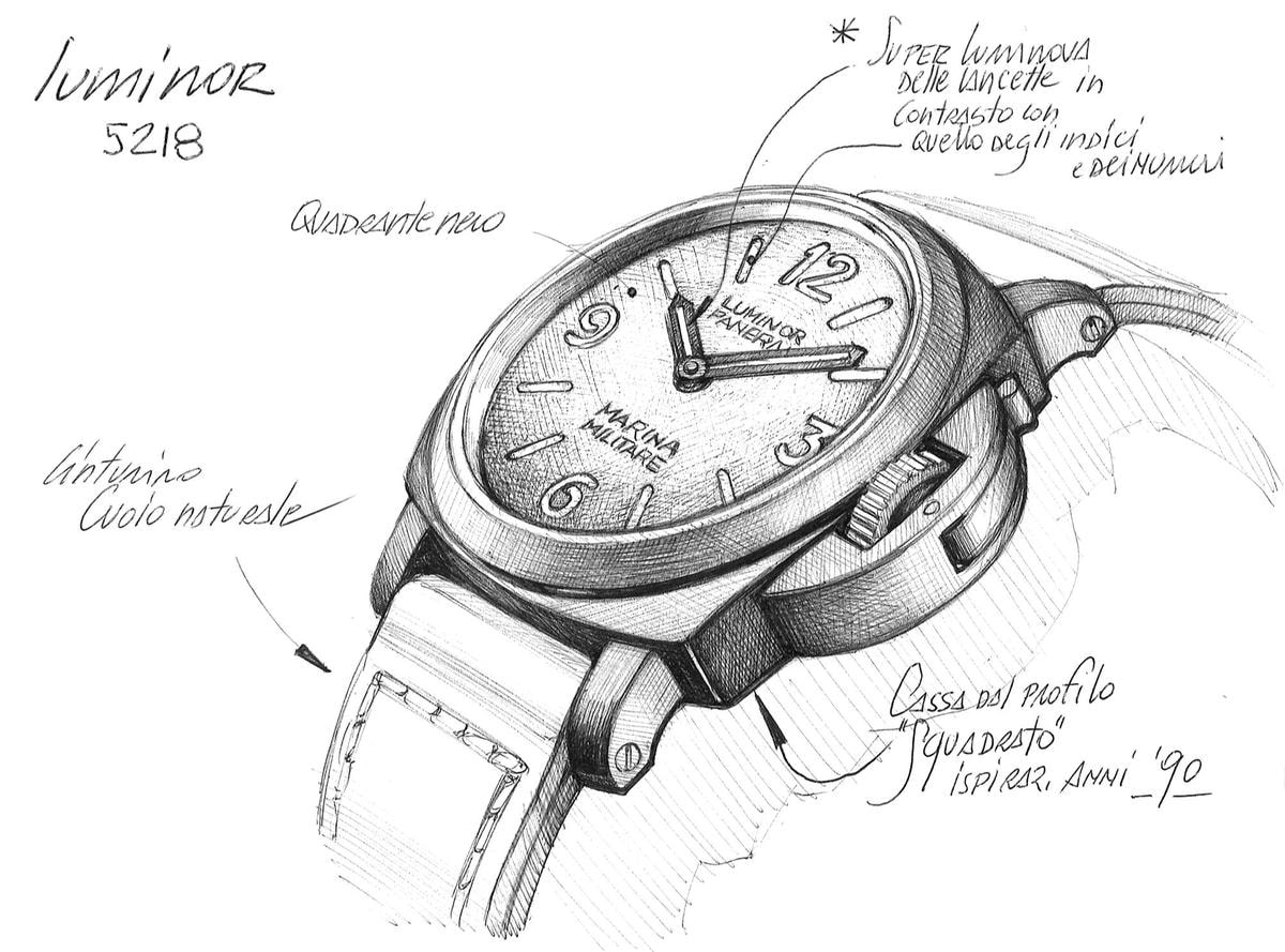 il bozzetto del nuovo Luminor Marina Militare PAM05218, realizzato per la mostra di Panerai a Firenze.