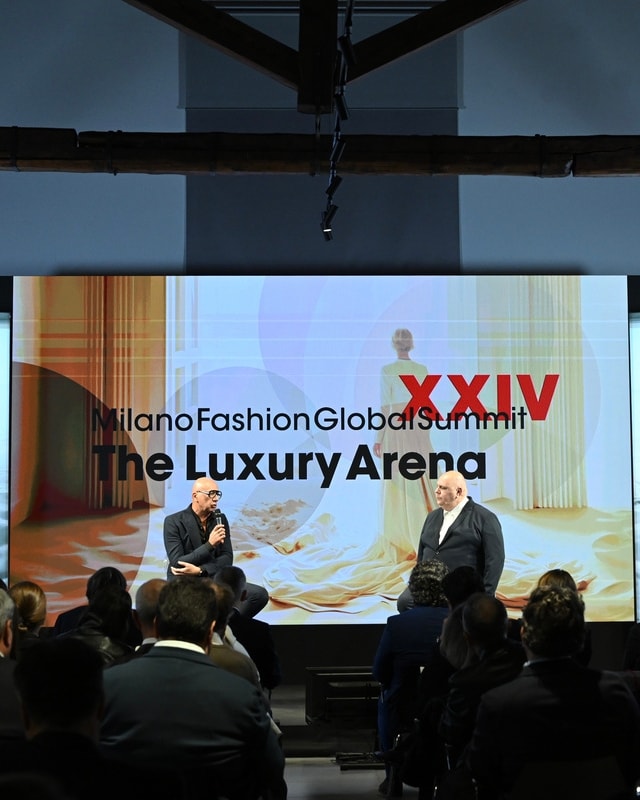 Un momento dell'intervento di Marco Bizzarri al MFGS-Milano Fashion Global Summit 2025 (foto Jule Hering/MFF)