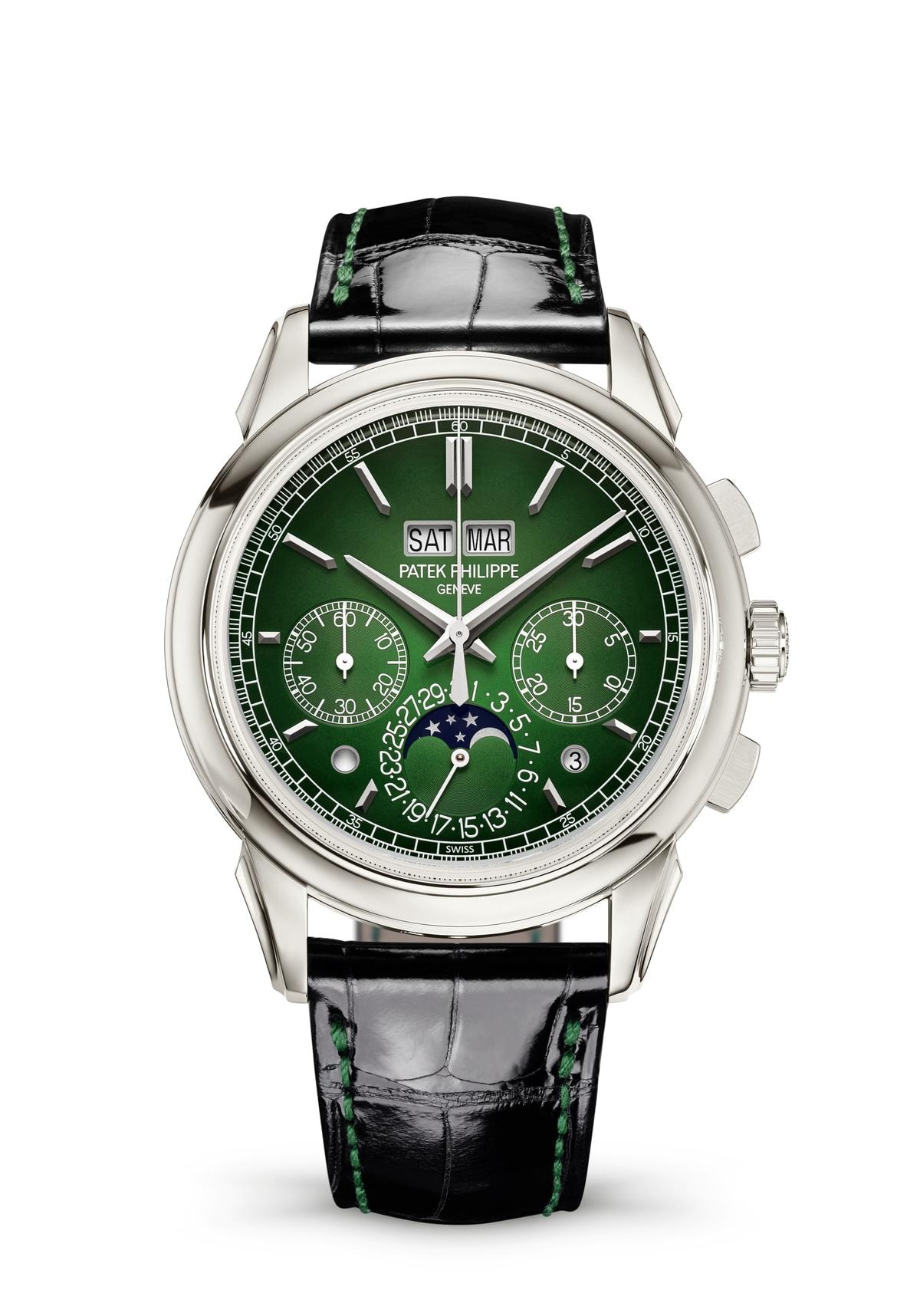 La referenza 5270P-014 di Patek Philippe con cassa in platino e quadrante verde laccato.