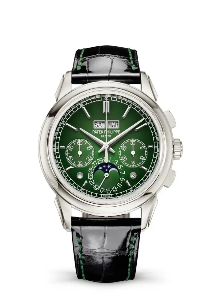 La referenza 5270P-014 di Patek Philippe con cassa in platino e quadrante verde laccato.