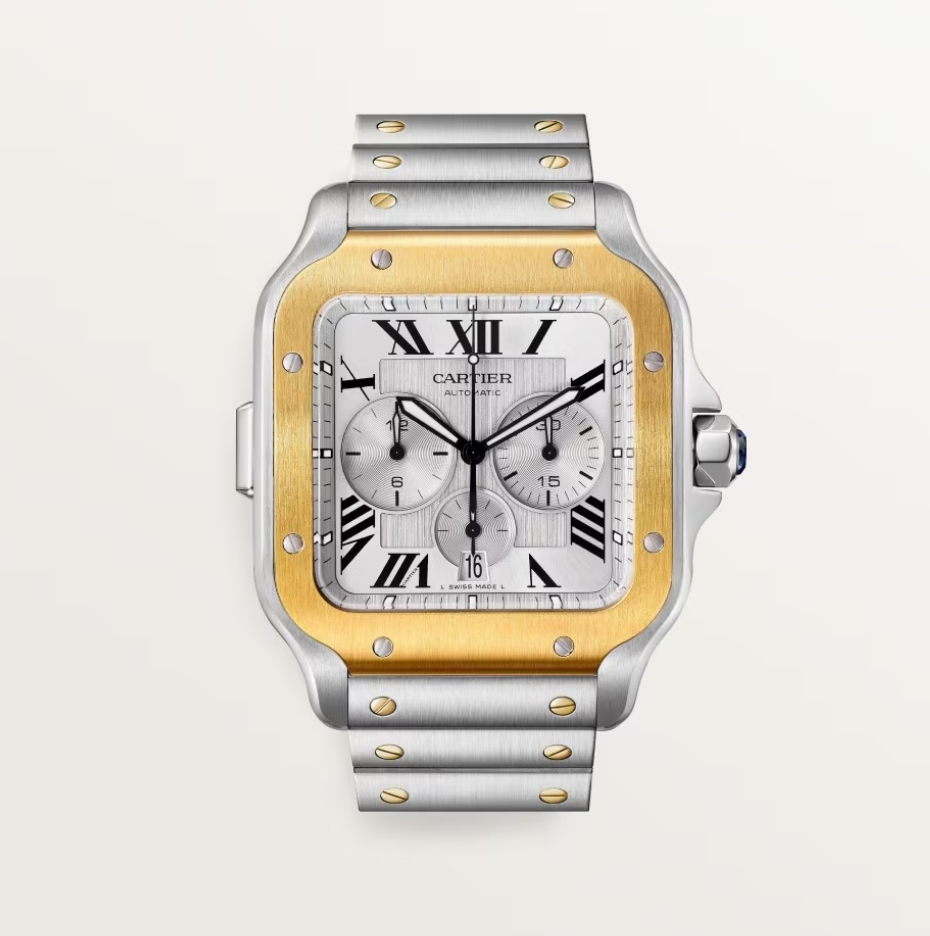 Orologio Santos, modello extra-large, movimento meccanico cronografo a carica automatica, calibro 1904 CH MC. Cassa in acciaio, lunetta in oro giallo 750/1000
