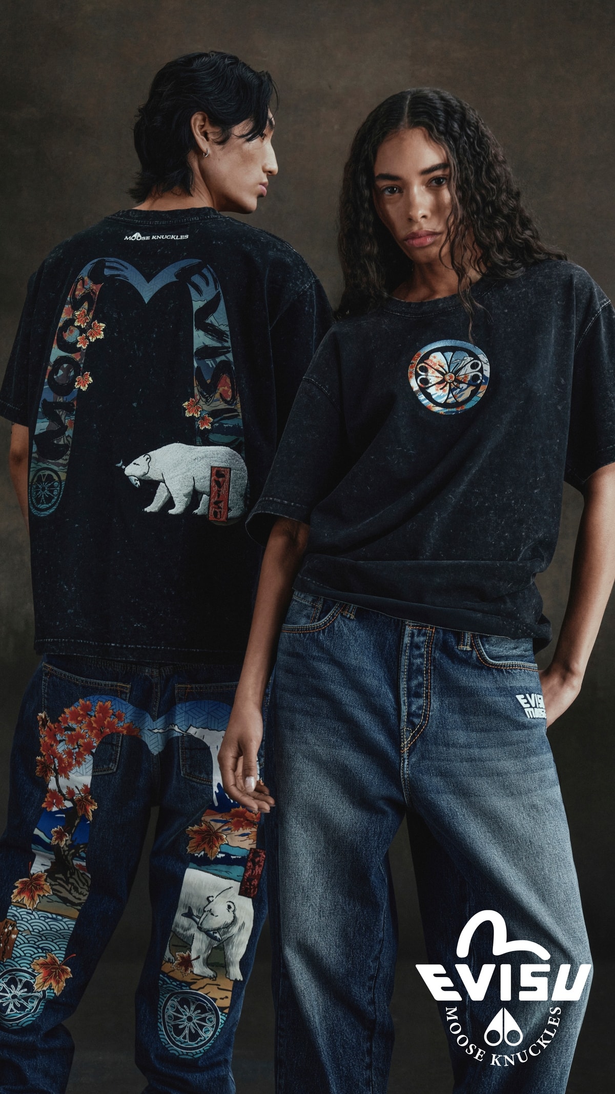 Due look della capsule collection Moose Knuckles x Evisu (courtesy Moose Knuckles)