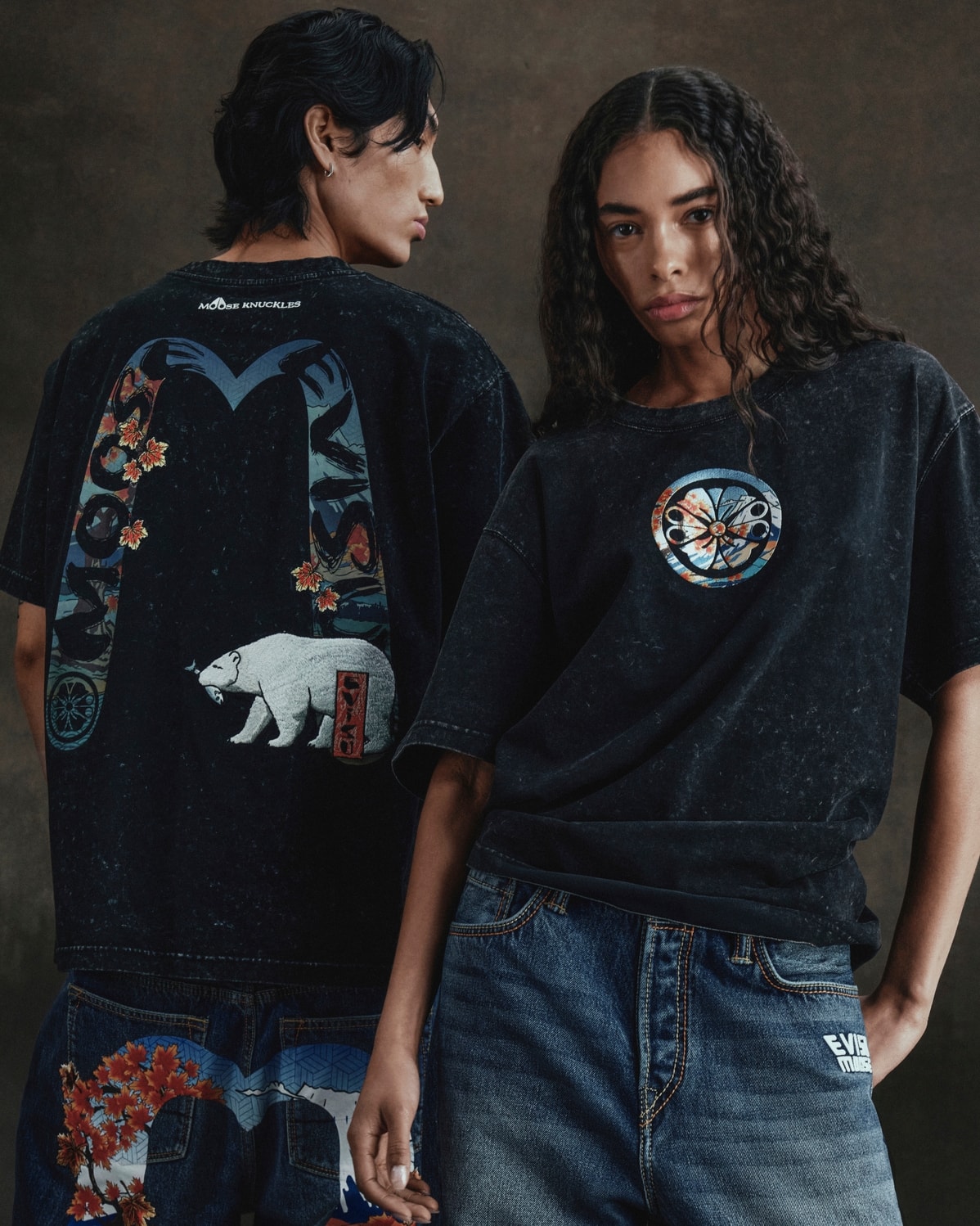 Due look della capsule collection Moose Knuckles x Evisu (courtesy Moose Knuckles)
