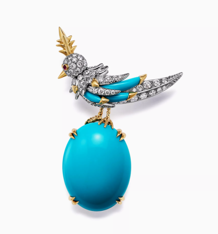 Collezione Bird on a Rock by Tiffany Spilla in platino e oro con turchesi e diamanti