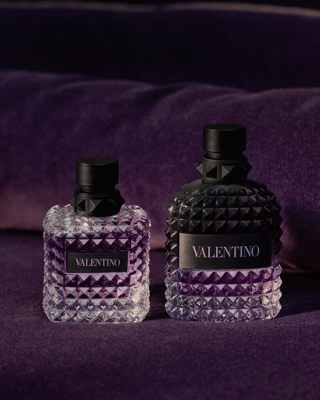 Da sinistra, le fragranze Born in Roma Purple melancholia donna e uomo (courtesy Valentino beauty)